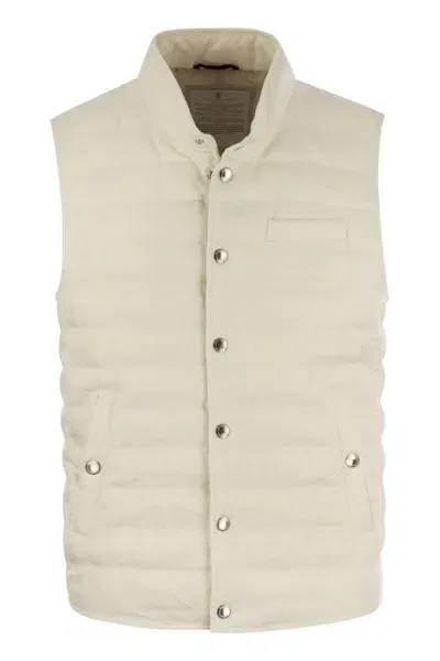 Brunello Cucinelli Men's Linen Sleeveless Down Jacket In White