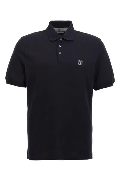 Brunello Cucinelli Men Logo Print Polo Shirt In Blue