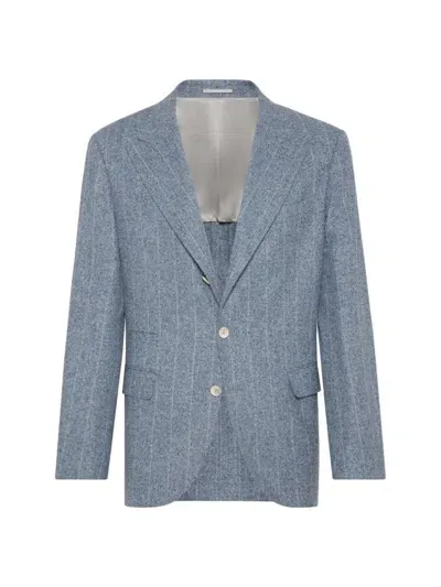 Brunello Cucinelli Men's Stripe Flannel Deconstructed Blazer With Large Peak Lapels In Azure