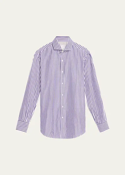 Brunello Cucinelli Men's Striped Button Down Shirt In White/purple