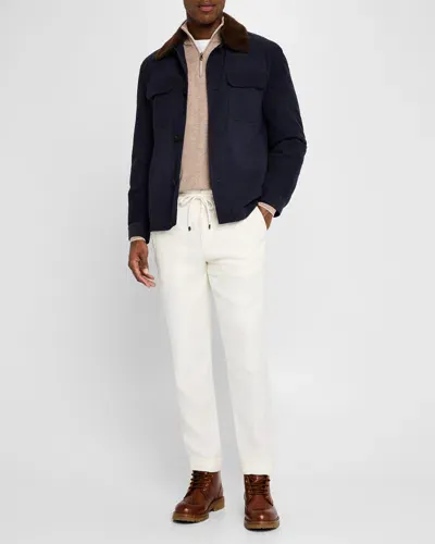 Brunello Cucinelli Men's Suede Overshirt With Removable Shearling Collar In Indigo