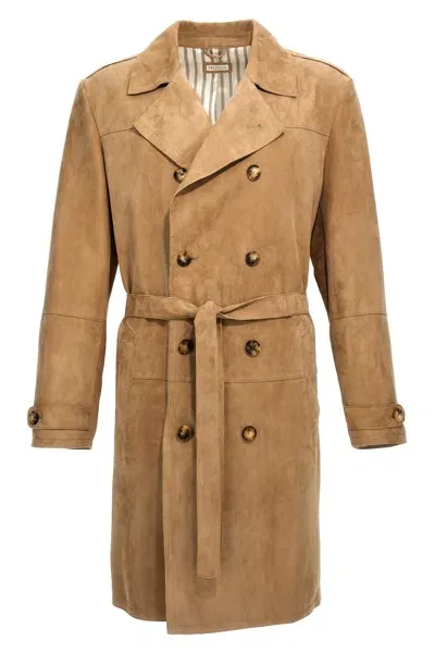 Brunello Cucinelli Men Suede Trench Coat In Cream