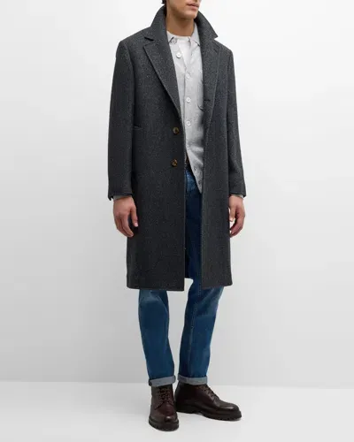 Brunello Cucinelli Men's Tonal Chevron Single-breasted Overcoat In Anthracite