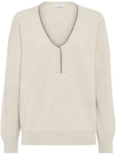 Brunello Cucinelli Monili-trim Cashmere Jumper In Neutrals