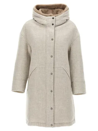 Brunello Cucinelli Virgin Wool And Cashmere Double Cloth Down Parka With Detachable Shearling Insert In Gray