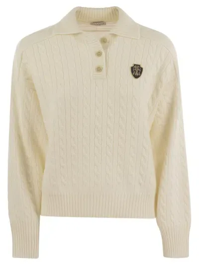 Brunello Cucinelli Plaited Polo Sweater In Beige