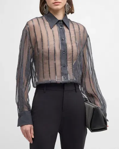 Brunello Cucinelli Sequin Wool Striped Crispy Silk Boyfriend Shirt In Black