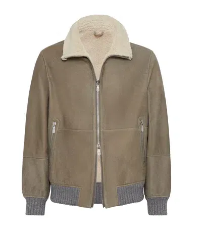 Brunello Cucinelli Shearling Bomber Jacket In Green