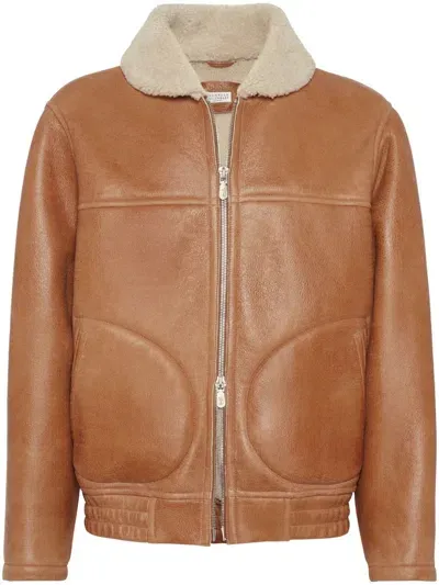 Brunello Cucinelli Cracked Leather Jacket In Cognac Pelo Ecr