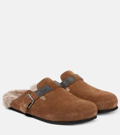 Brunello Cucinelli Shearling-trimmed Suede Mules In Brown