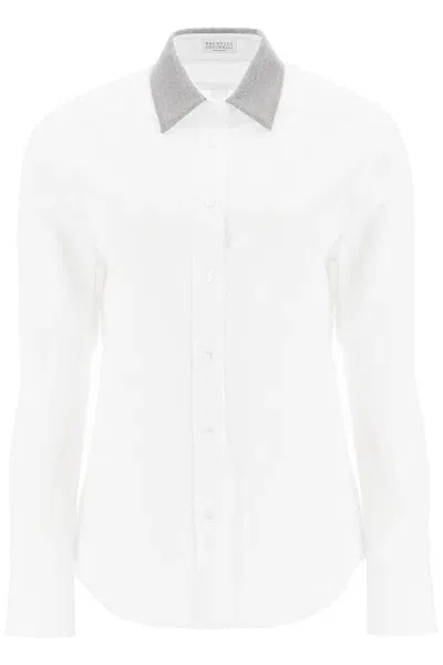 Brunello Cucinelli Elegant Beaded Collar Cotton Shirt In White