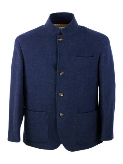 Brunello Cucinelli Single-breasted Jacket In Fine Water-repellent Cashmere With Horn Buttons, Patch Pockets And Lapels In Blue