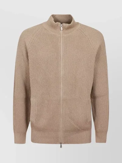 Brunello Cucinelli Ribbed-knit Zipped-up Cardigan In Beige