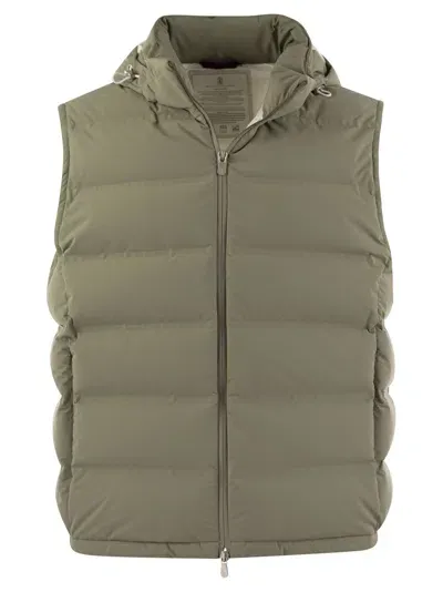 Brunello Cucinelli Sleeveless Down Jacket In Membraned Taffeta With Heat Tapes And Detachable Hood In Green,white