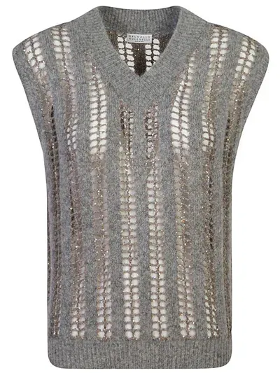 Brunello Cucinelli Sleeveless Knit Vest With Elegant Open Weave And Subtle Metallic Accents In Grey