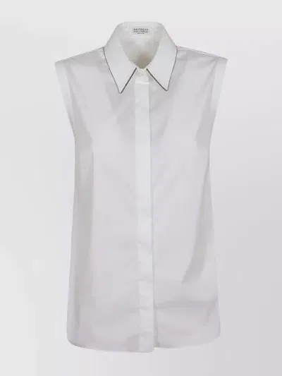 Brunello Cucinelli Sleeveless Stretch Cotton Poplin Shirt With Contrast Stitching In White