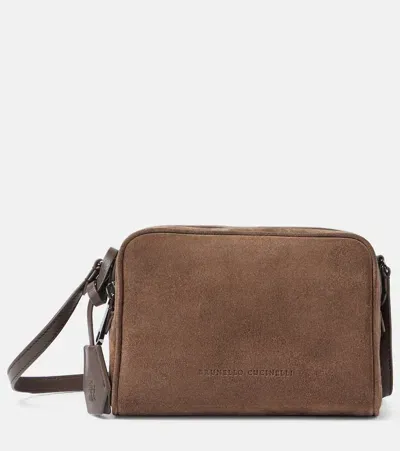 Brunello Cucinelli Small Suede Crossbody Bag In Braun