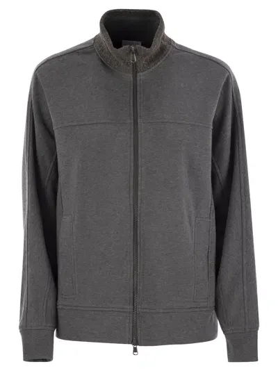 Brunello Cucinelli Smooth Cotton Fleece Topwear With Ribbed Collar Precious In Dark Grey