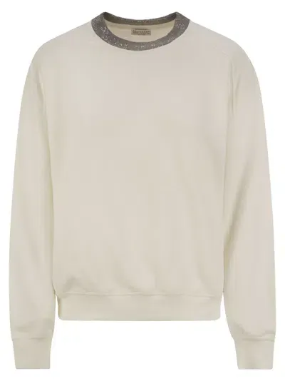 Brunello Cucinelli Smooth Cotton Fleece Topwear With Ribbed Collar Precious In White