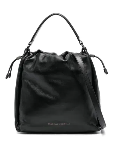 Brunello Cucinelli Soft Leather Bucket Bag With Precious Details In Black