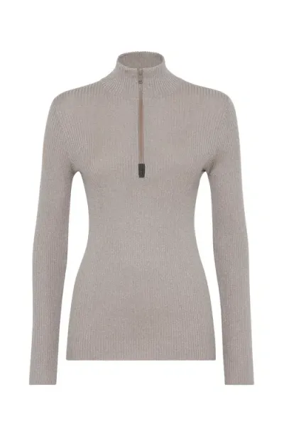 Brunello Cucinelli Ribbed-knit Zip-up Jumper In Beige