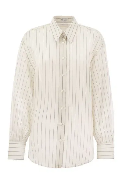 Brunello Cucinelli Sparkling Stripe Cotton-silk Poplin Shirt With Necklace In White