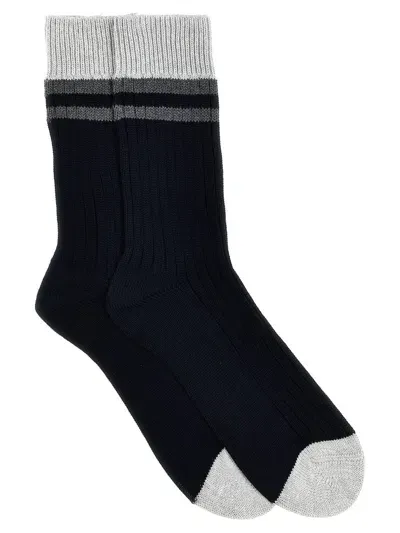 Brunello Cucinelli Cotton Striped Socks In Navy Blue