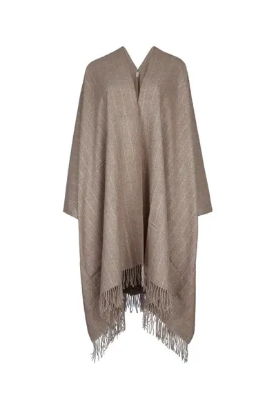 Brunello Cucinelli Striped Fringed Edge Cape In Beige