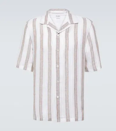 Brunello Cucinelli Camp-collar Embroidered Striped Linen Shirt In Bronzite