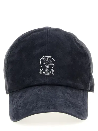 Brunello Cucinelli Suede Cap With Logo Embroidery In Blue