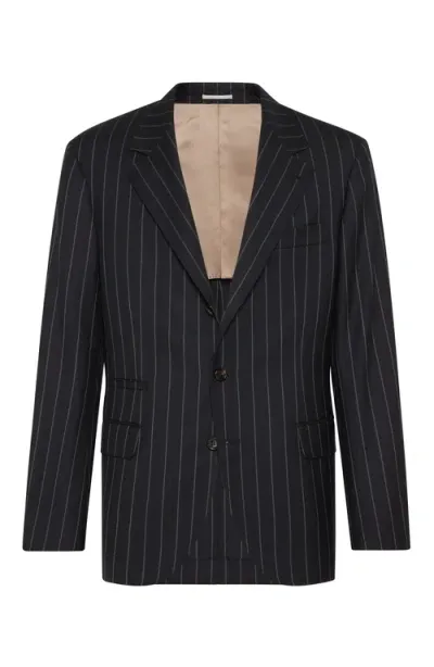 Brunello Cucinelli Super 150s Virgin Wool Wide Chalk Stripe Batavia Blazer In Black