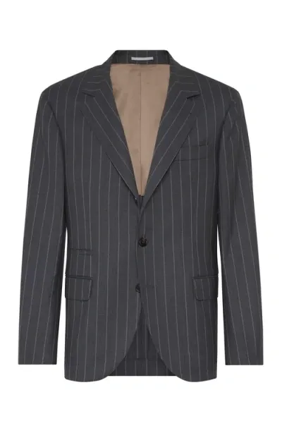 Brunello Cucinelli Super 150s Virgin Wool Wide Chalk Stripe Batavia Blazer In Grey