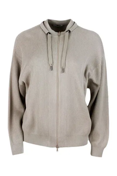 Brunello Cucinelli Crochet Cardigan With Zip And Drawstring In Light Grey