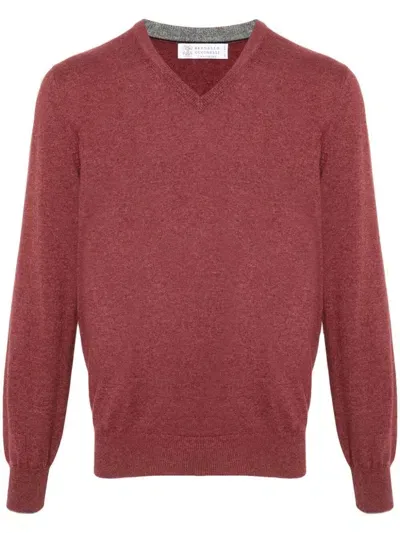 Brunello Cucinelli V-neck Cashmere Jumper In Dark Red