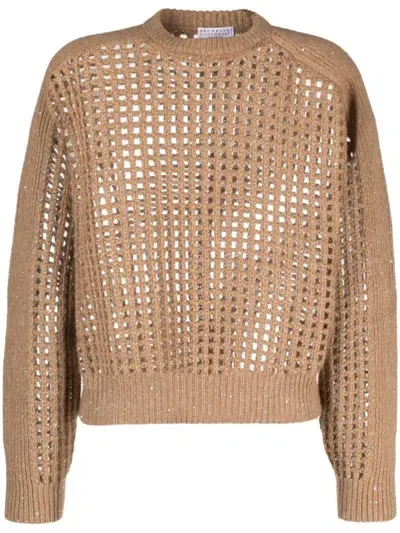 Brunello Cucinelli Open-knit Sequinned Jumper In Brown