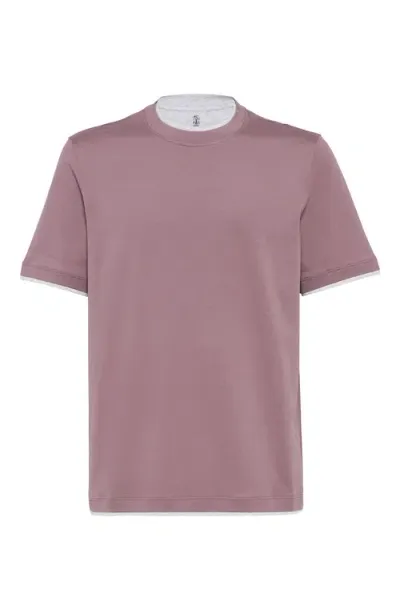 Brunello Cucinelli Contrast-trim Cotton T-shirt In Light Purple