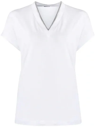 Brunello Cucinelli Short Sleeve V-neck Sweater In White