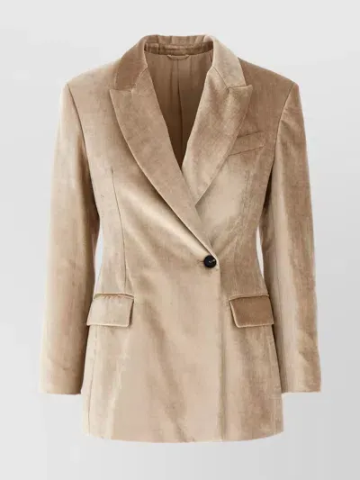 Brunello Cucinelli Velvet Blazer With Back Vent And Flap Pockets In Beige