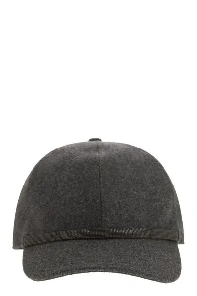 Brunello Cucinelli Virgin Wool And Cashmere Baseball Cap With Shiny Band In Grey