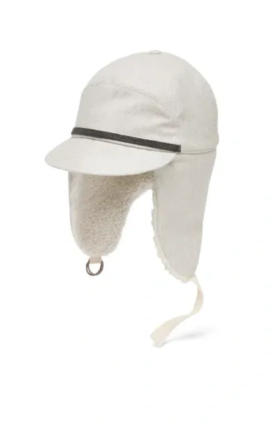 Brunello Cucinelli Virgin Wool Flannel Baseball Cap With Shearling-lined Ear Flaps And Shiny Band In Light Grey