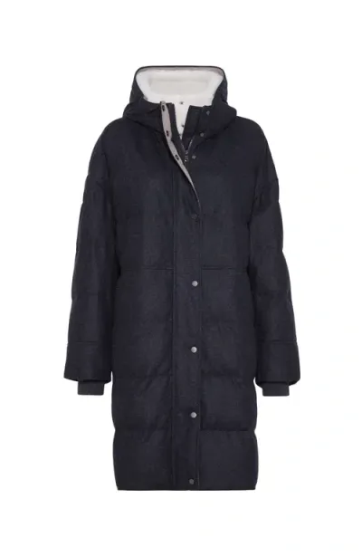 Brunello Cucinelli Virgin Wool Flannel Down Parka With Detachable Shearling Insert And Shiny Zipper  In Black