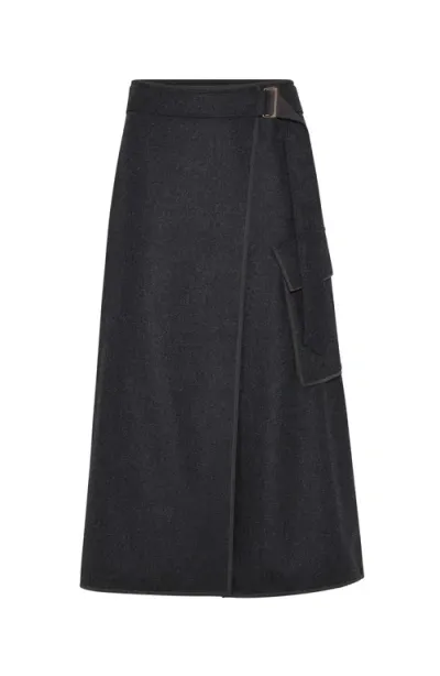 Brunello Cucinelli Virgin Wool Flannel Midi Wrap Skirt In Grey