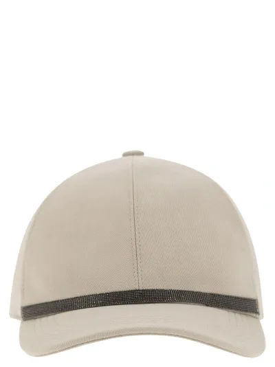 Brunello Cucinelli Viscose And Linen Gabardine Baseball Cap With Shiny Band In Light Beige