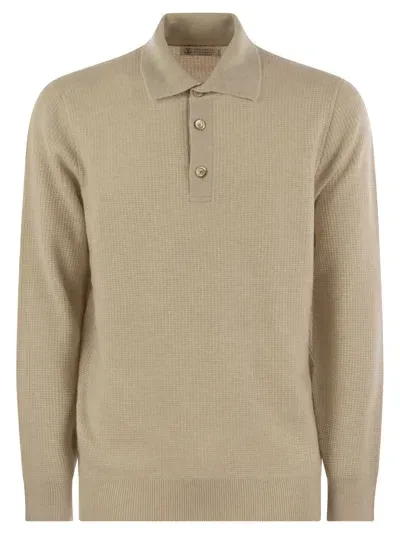 Brunello Cucinelli Waffle Stitch Cashmere Knit Polo Shirt With Long Sleeve In Sand