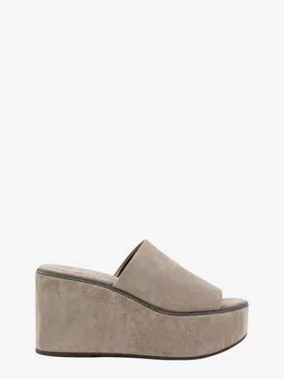 Brunello Cucinelli Suede Slide Wedge Platform Sandals In Beige