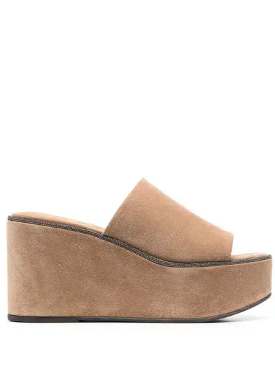 Brunello Cucinelli Suede Monili Platform Slide Sandals In Brown