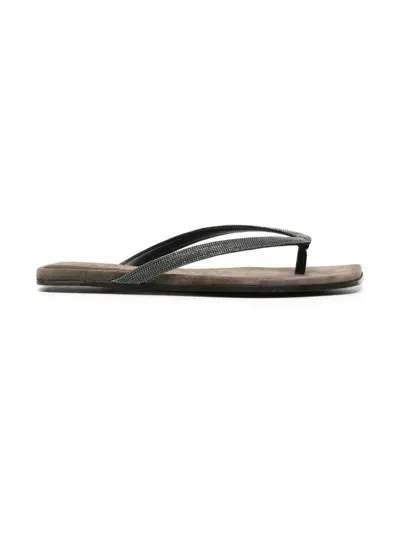 Brunello Cucinelli Bead-embellished Leather Flip Flops In Black