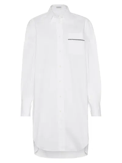 Brunello Cucinelli Women's Stretch Cotton Poplin Long Shirt With Shiny Pocket Detail In White