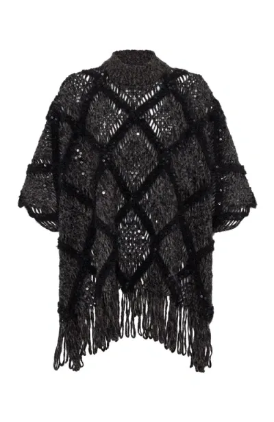 Brunello Cucinelli Wool And Alpaca Knit Poncho With Dazzling Macro Argyle Embroidery In Black