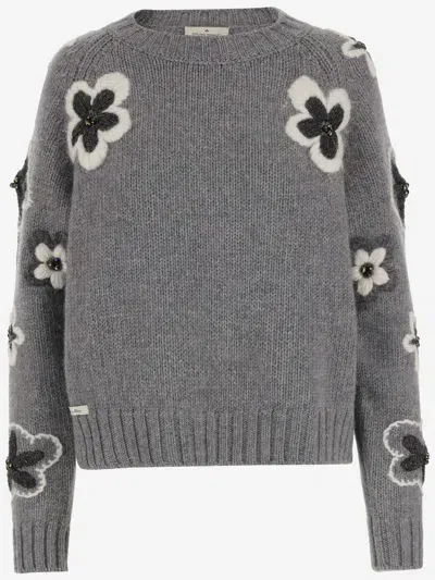 Bruno Manetti Wool Blend Sweater With Flowers In Grey